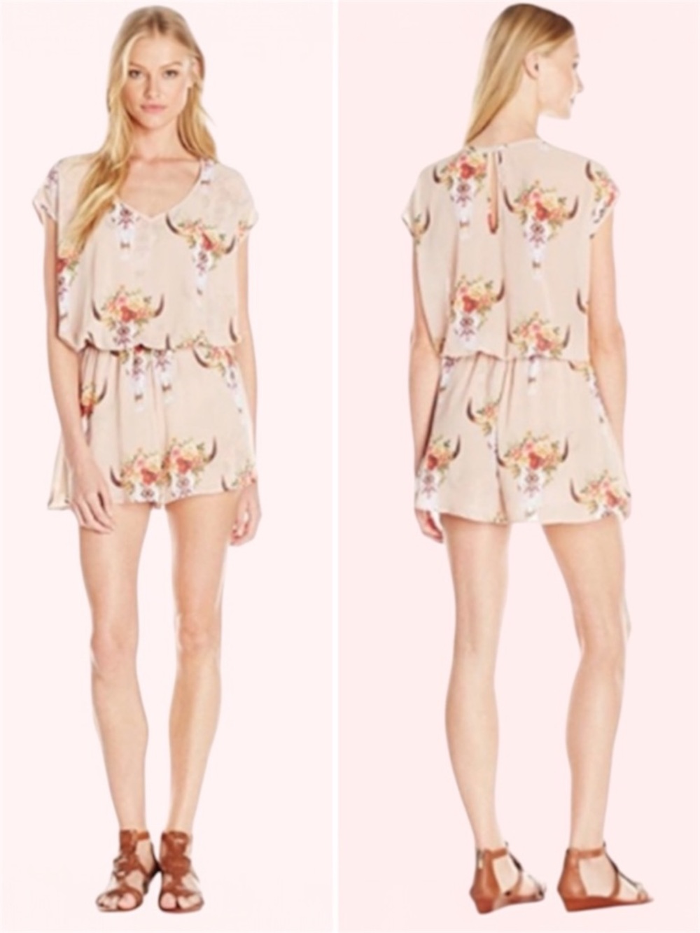 Show Me Your MuMu Rowdy Romper Size Large Frida Cow Bull Skull Floral Light Pink